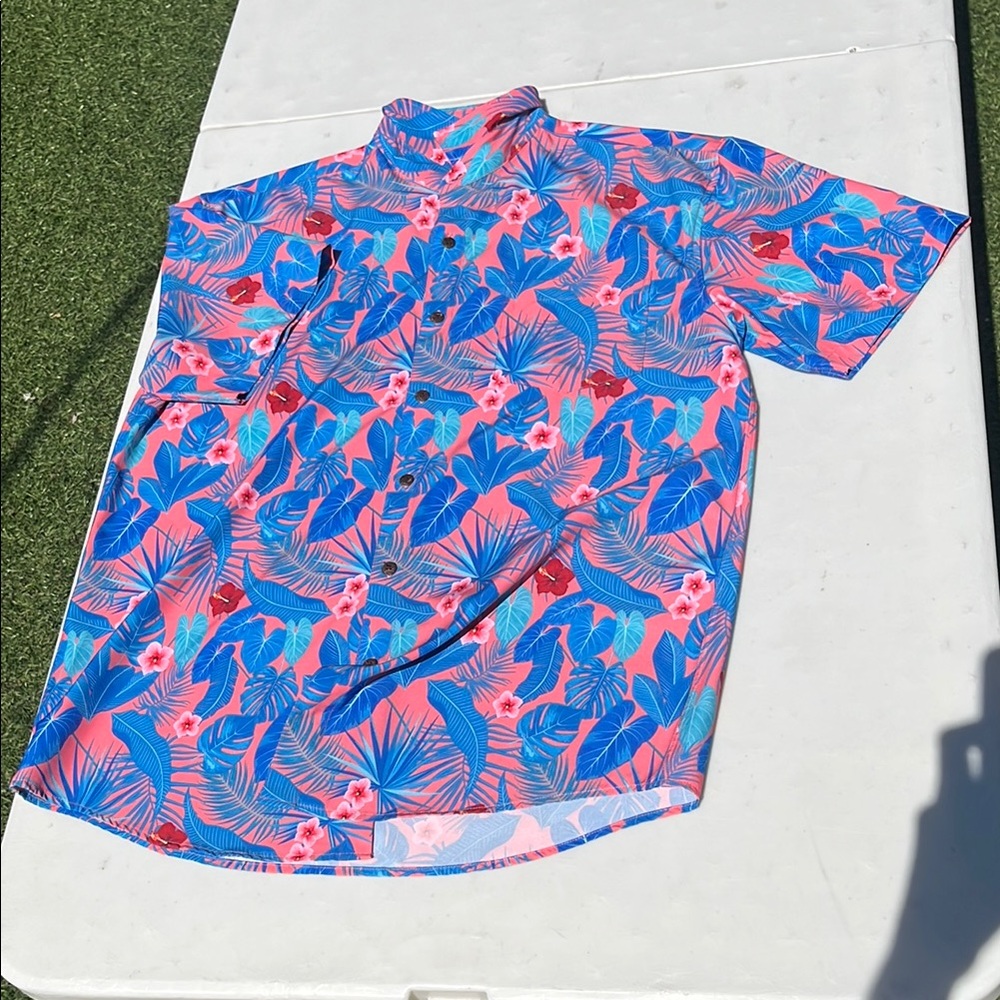 Tropical Bros Large Button Up Hawaiian Shirt Blue Pink Vibrant Super Stretch